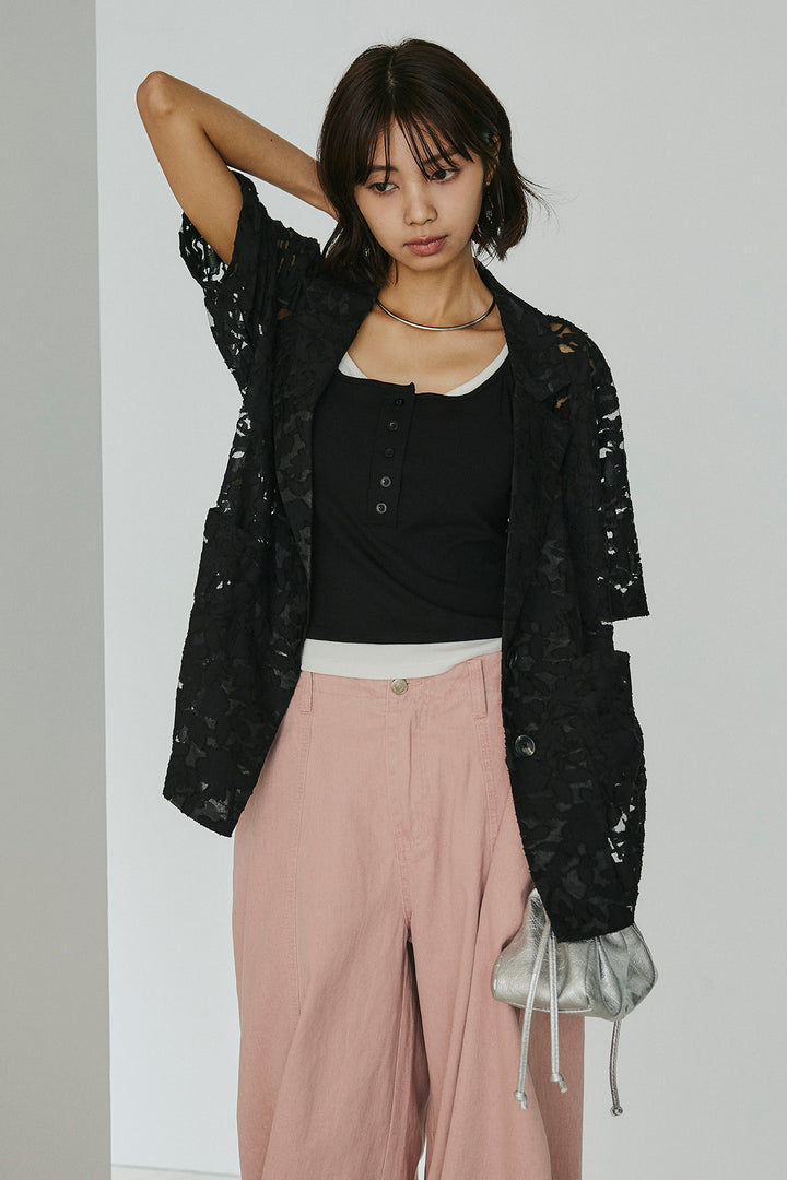 [SET]シアージャガードハーフスリーブテーラードジャケット+サイドベルトカーブワイドパンツ+配色ヘンリーネックタンクトップ(3set)