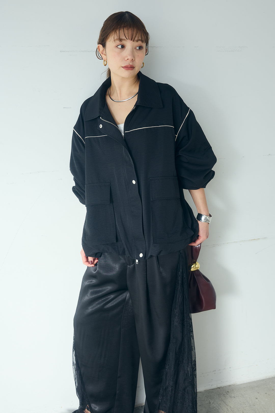 [SET]合繊ツイルバルーンジャケット+サテンレース切り替えタックパンツ(2set)