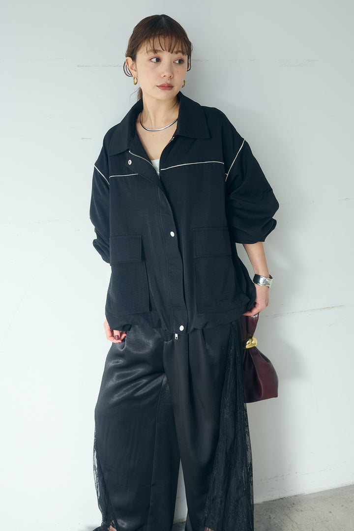 [SET]合繊ツイルバルーンジャケット+サテンレース切り替えタックパンツ(2set)