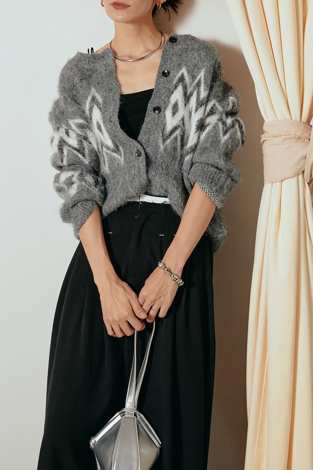 [SET]起毛ノルディック柄ニットカーディガン+ウエストステッチデザインワイドスラックス(2set)