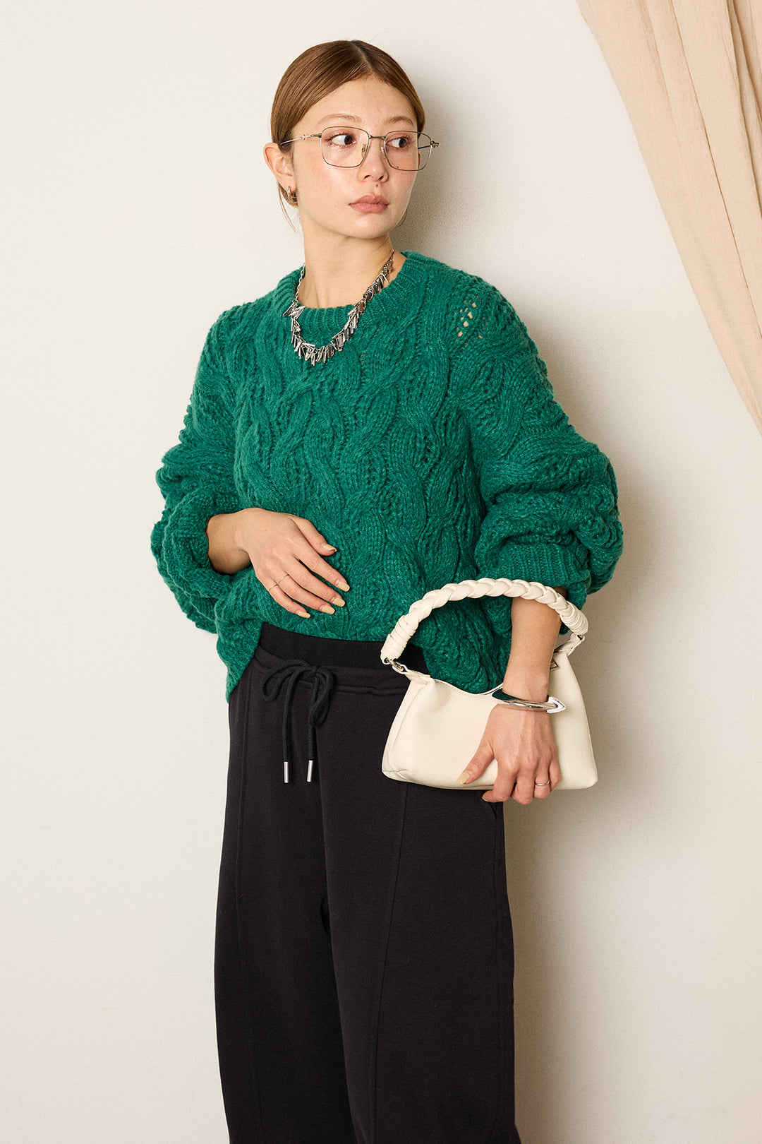 [SET]ケーブルリラックスショートニット+スウェットワイドカーブパンツ(2set)