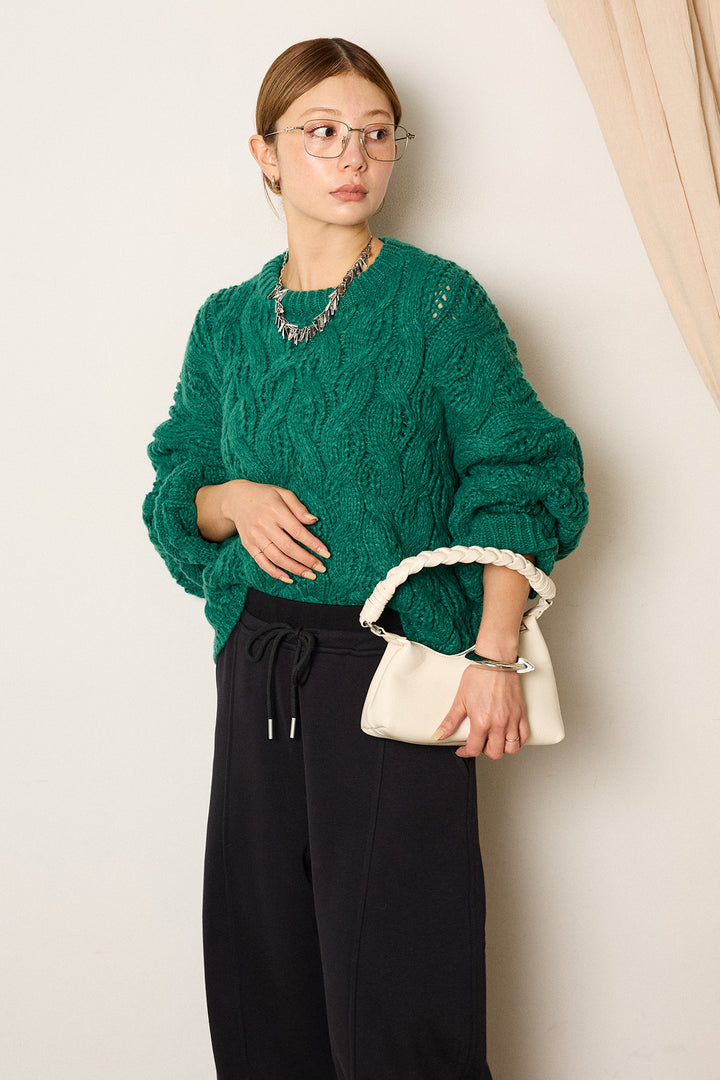 [SET]ケーブルリラックスショートニット+スウェットワイドカーブパンツ(2set)