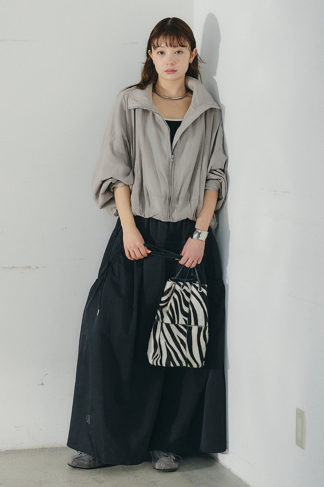 [SET]スタンドネックシアーブルゾン+ナイロンデザインフレアスカート(2set)