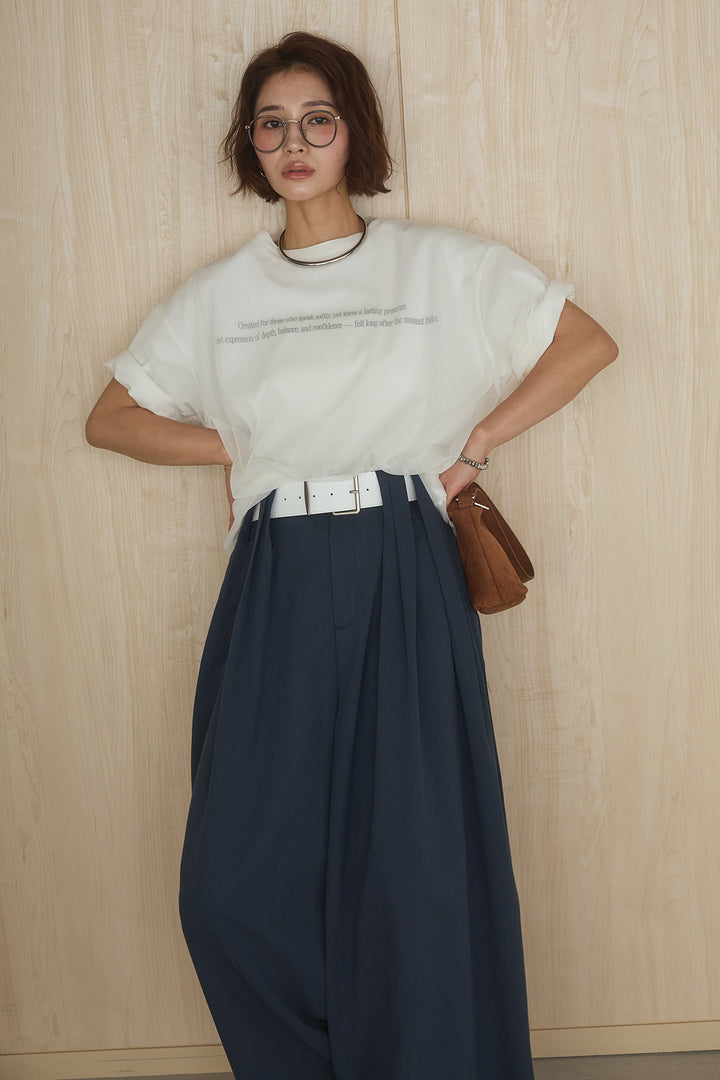 [SET]綿天竺Tシャツ×チュールトップス+ベルト付きビックループワイドパンツ(2set)