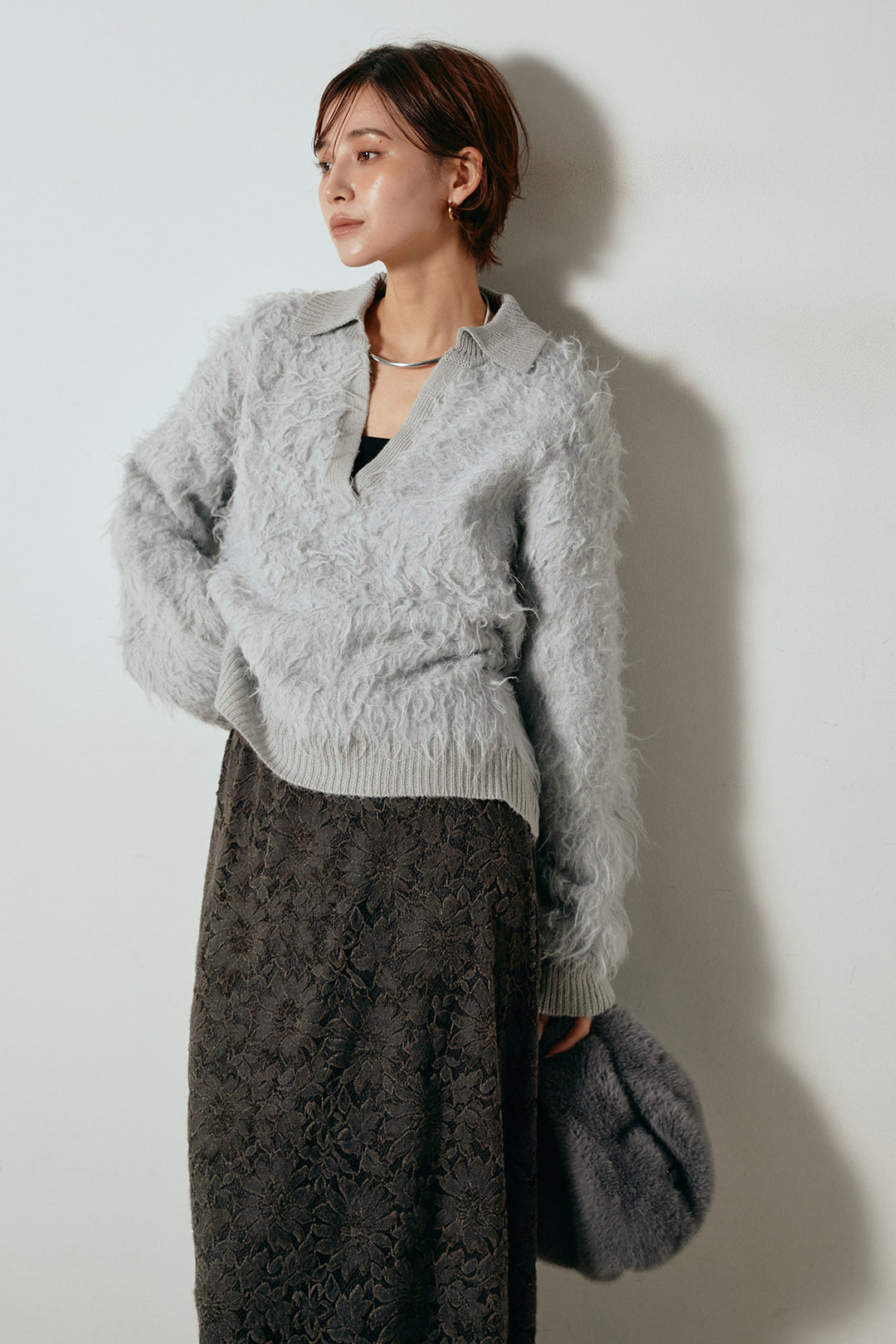 [SET]襟付きシャギーニットポロトップス+花柄刺繍ベロアフレアスカート(2set)