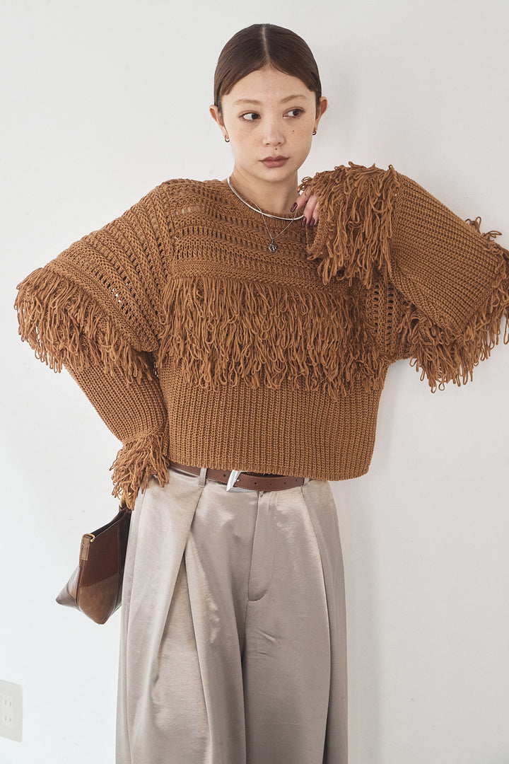[SET]メッシュフリンジ切り替えプルオーバー+サテンタックワイドパンツ(2set)