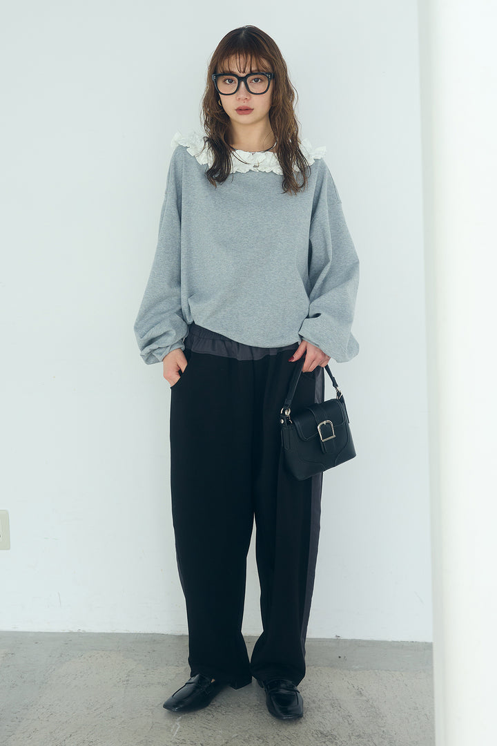 [SET]ネックギャザーフリルスウェット+異素材切り替えスウェットパンツ(2set)