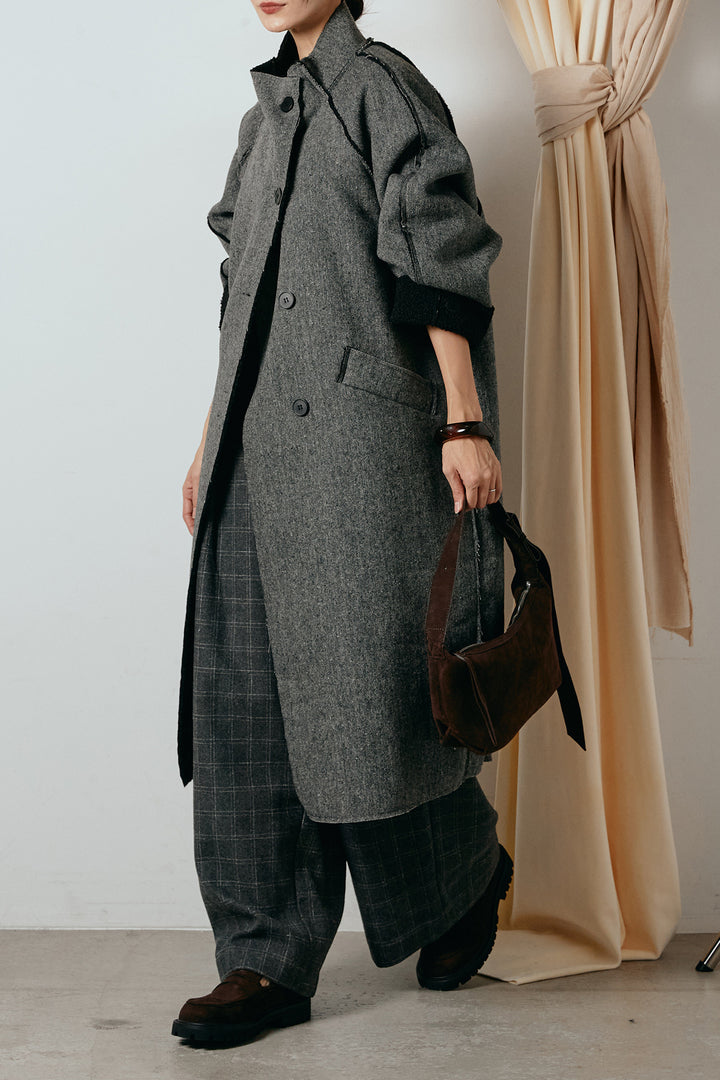 [SET]裏地ボアハイネックロングアウター+ウールライクチェックタックパンツ(2set)