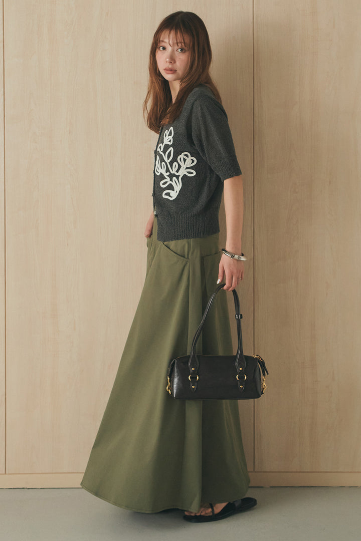 [SET]フロントテープデザイン半袖カーディガン+ミリタリーツイルタックフレアスカート(2set)