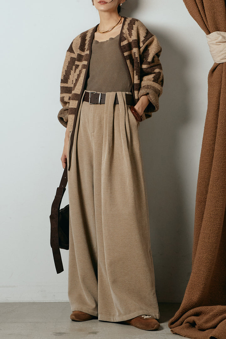 [SET]ノーカラー幾何学模様アウター+ベルトループコーデュロイワイドパンツ(2set)