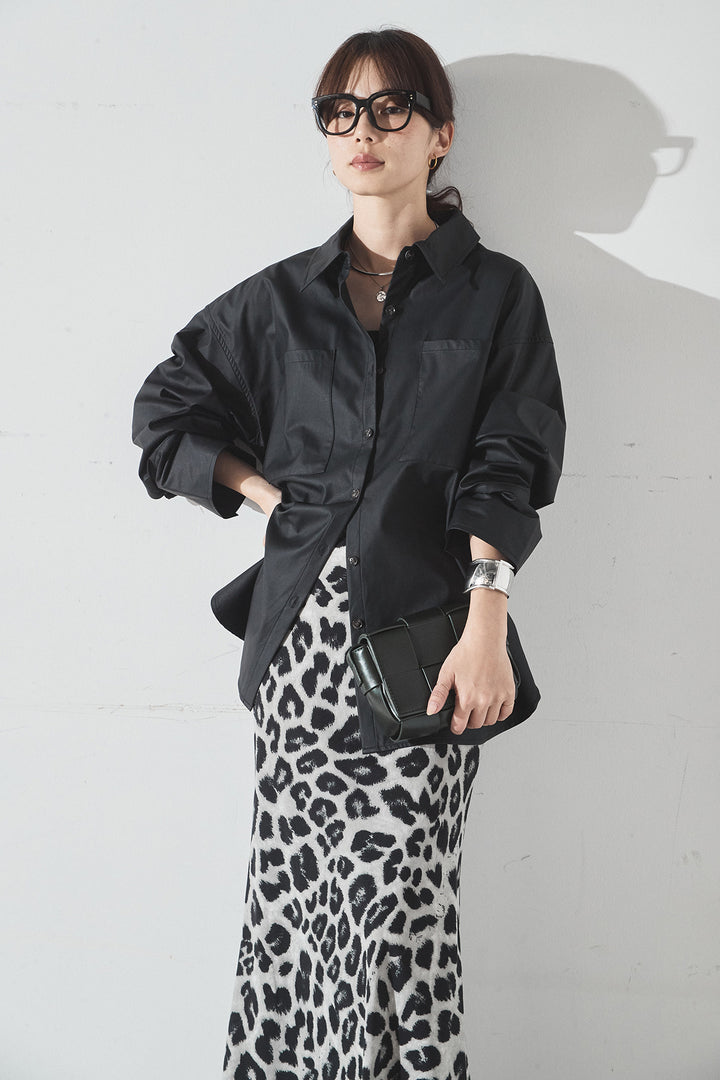 [SET]ウォッシャブルエコレザービックカフスシャツ+レオパードサテンナロースカート(2set)