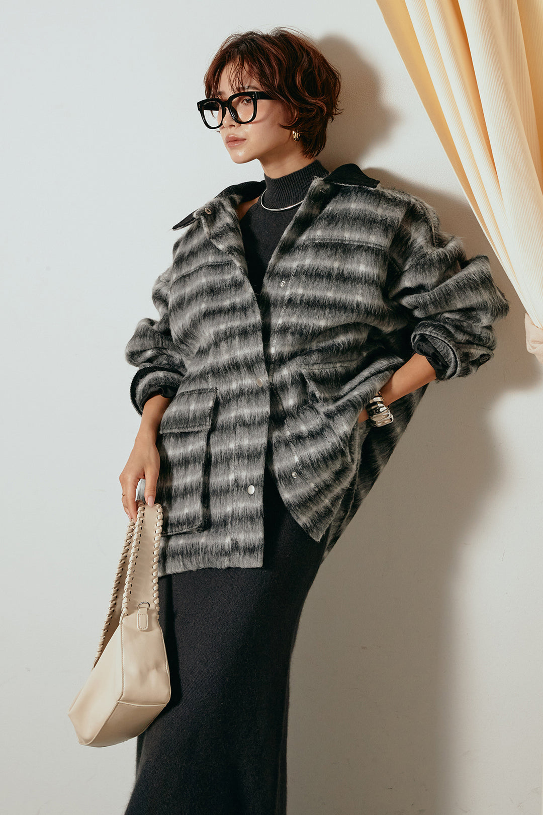 [SET]チェックシャギーミドルカバーオール+ノースリーブニットロングワンピース(2set)