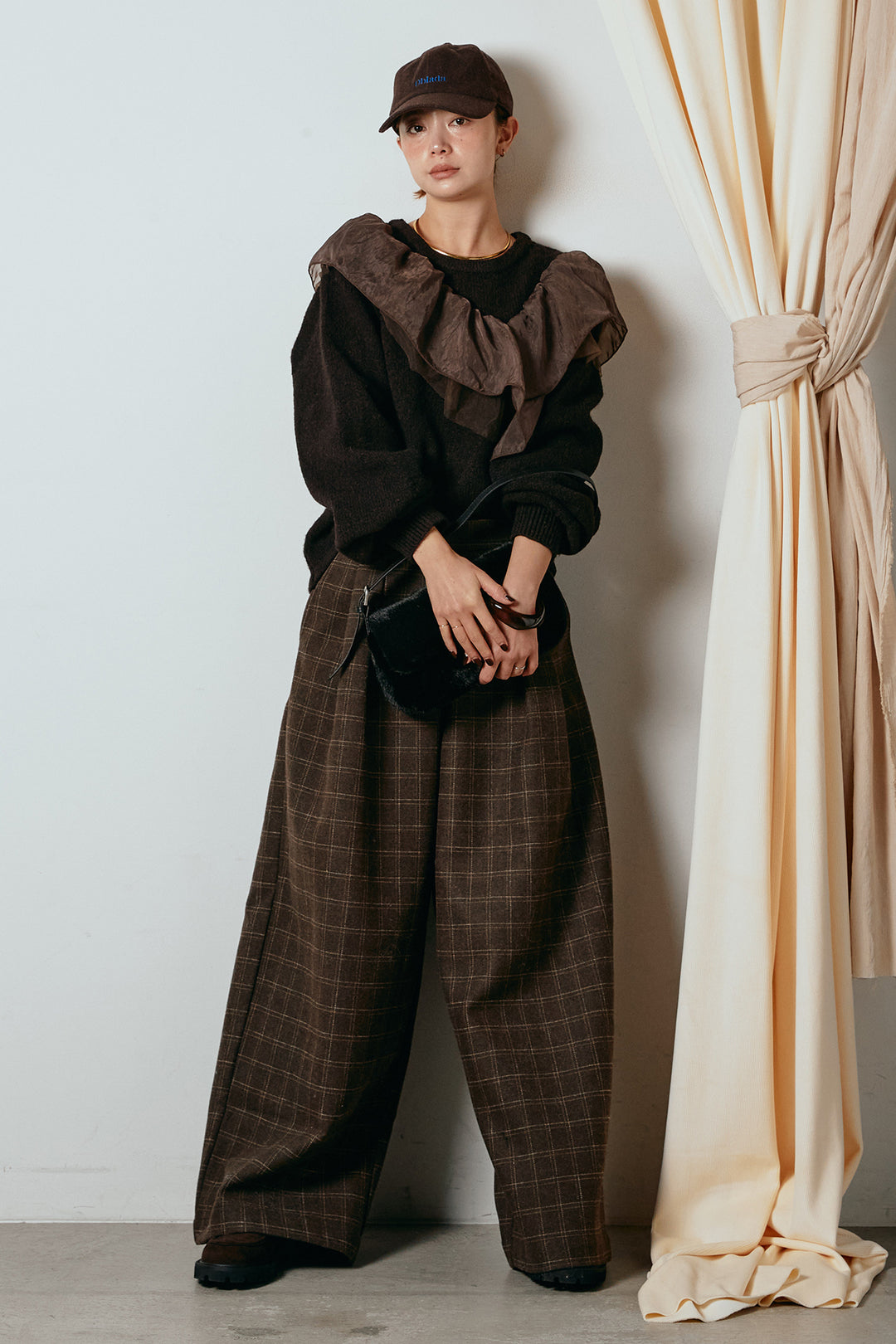 [SET]アシンメトリーフリルニットトップス+ウールライクチェックタックパンツ(2set)