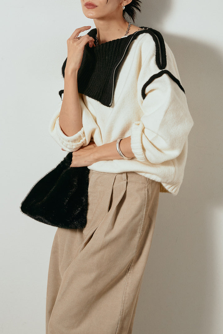 [SET]ハイネックジップデザインニットトップス+フロントタック入りコーデュロイパンツ(2set)