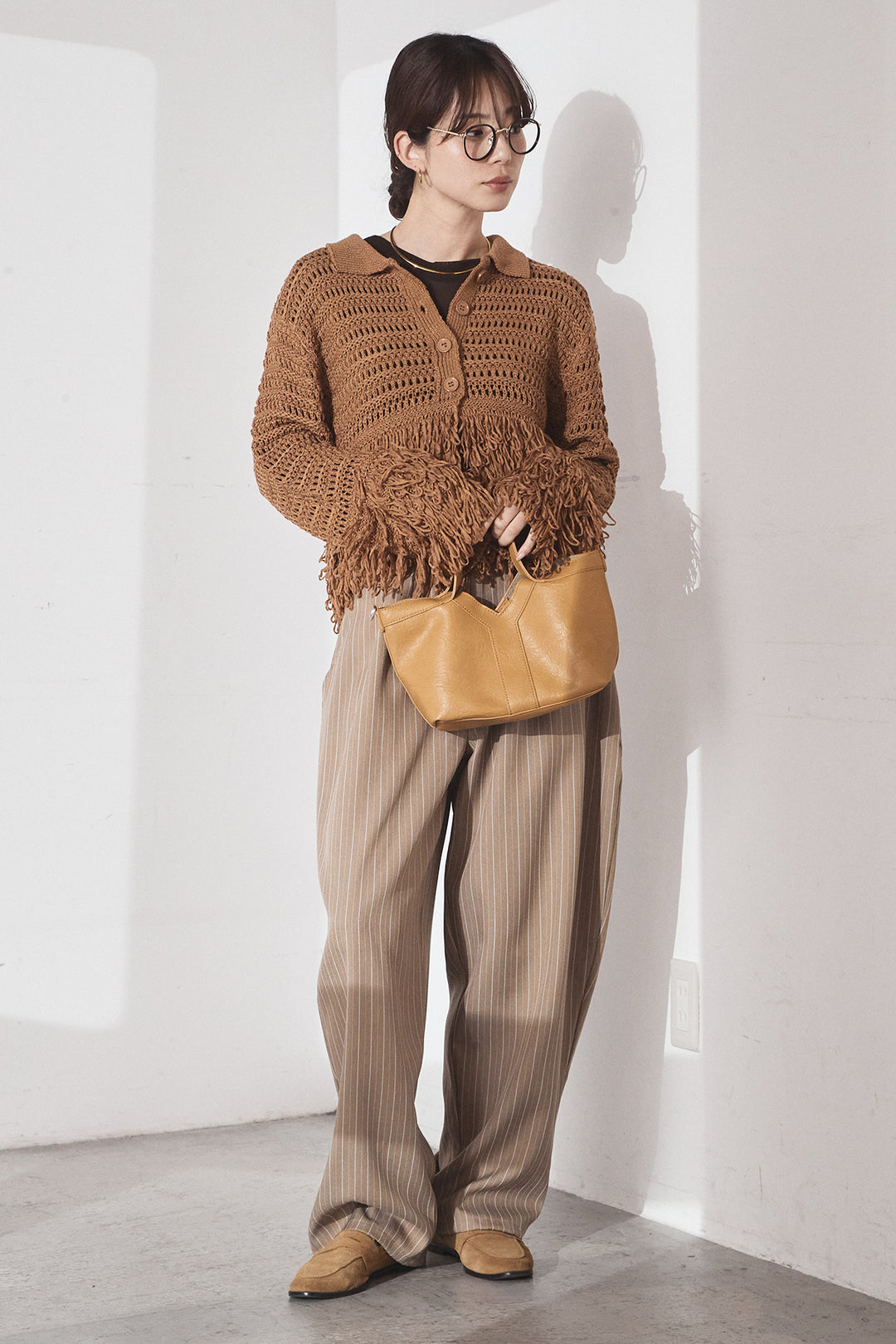 [SET]メッシュフリンジカーディガン+ヘリンボーンストライプツータックパンツ(2set)