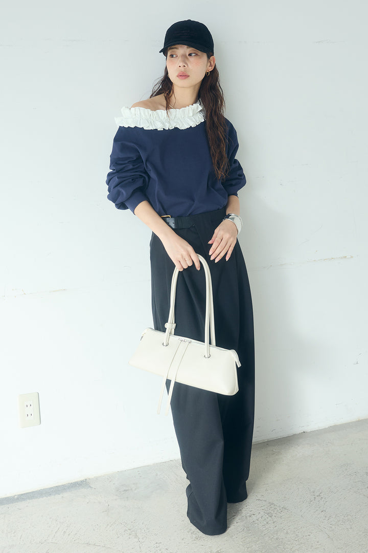[SET]ネックギャザーフリルスウェット+サイドベルトタック入りスラックス(2set)