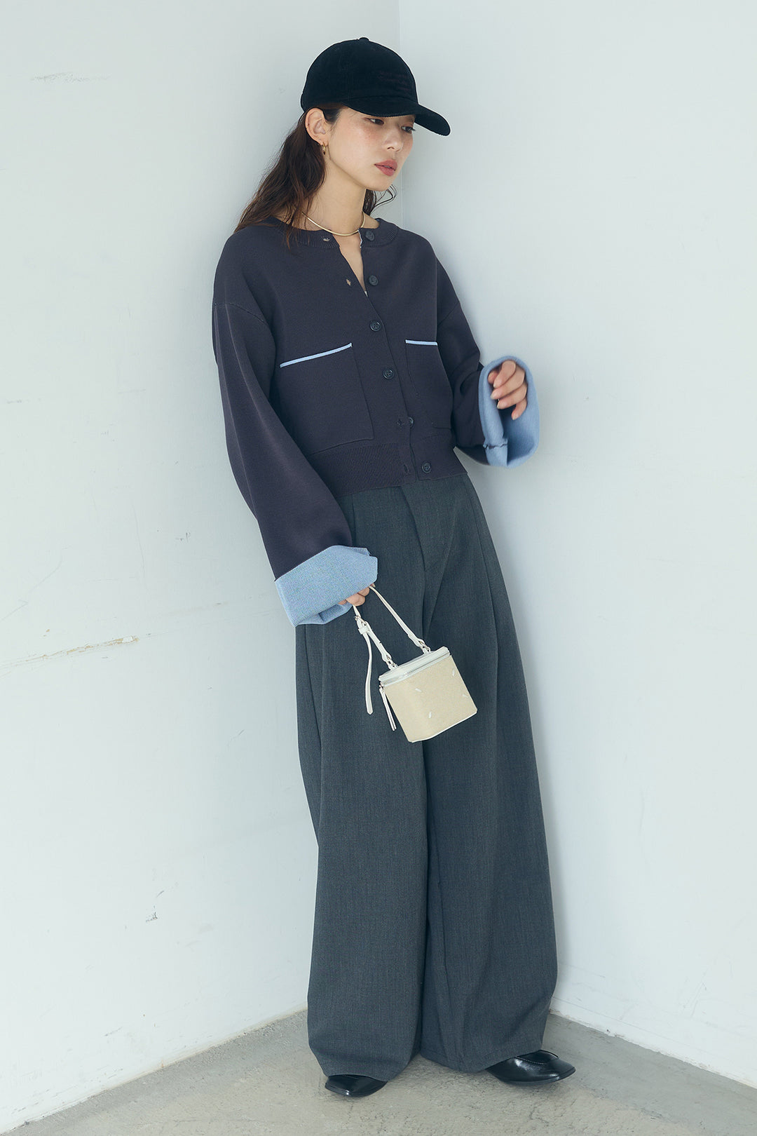 [SET]レーヨンポリダブルフェイスカーディガン+サイドベルトタック入りスラックス(2set)