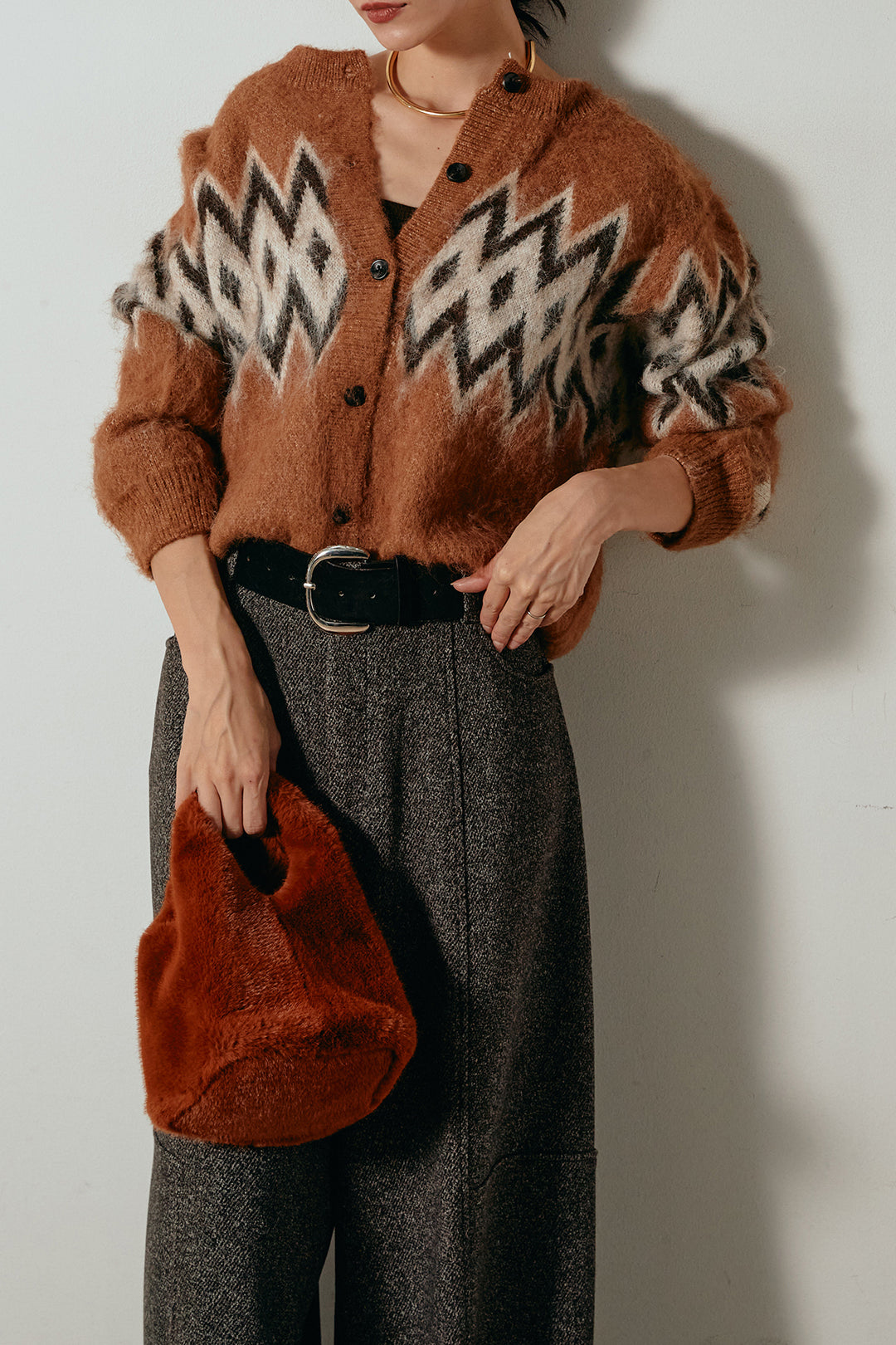 [SET]起毛ノルディック柄ニットカーディガン+太ベルト付きツイードワイドパンツ(2set)