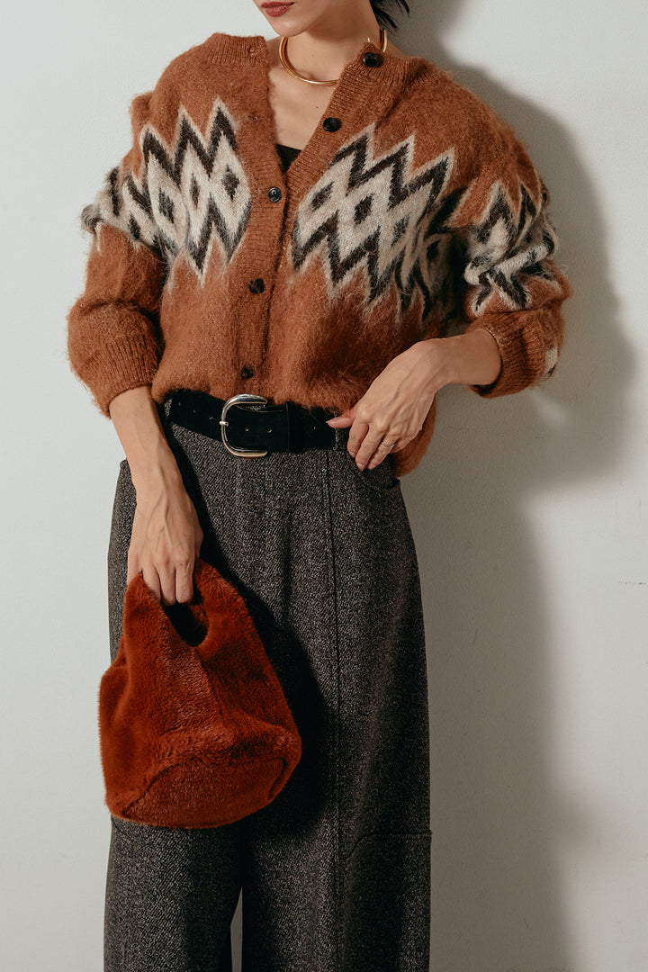 [SET]起毛ノルディック柄ニットカーディガン+太ベルト付きツイードワイドパンツ(2set)