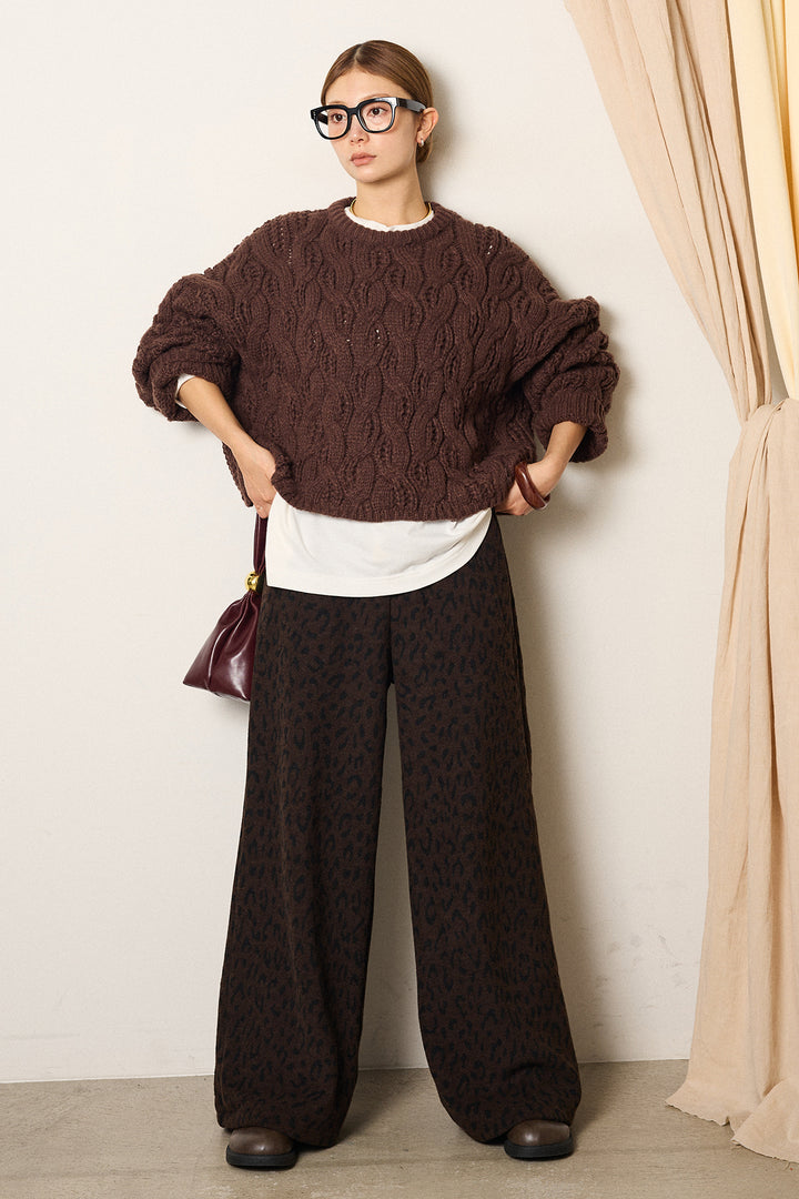 [SET]ケーブルリラックスショートニット+レオパードジャガードニットパンツ(2set)