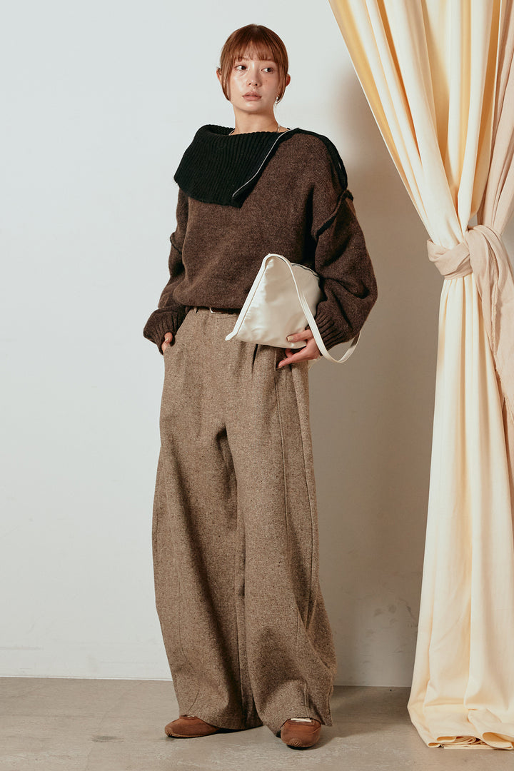 [SET]ハイネックジップデザインニットトップス+ベルト付きネップツイードカーブパンツ(2set)