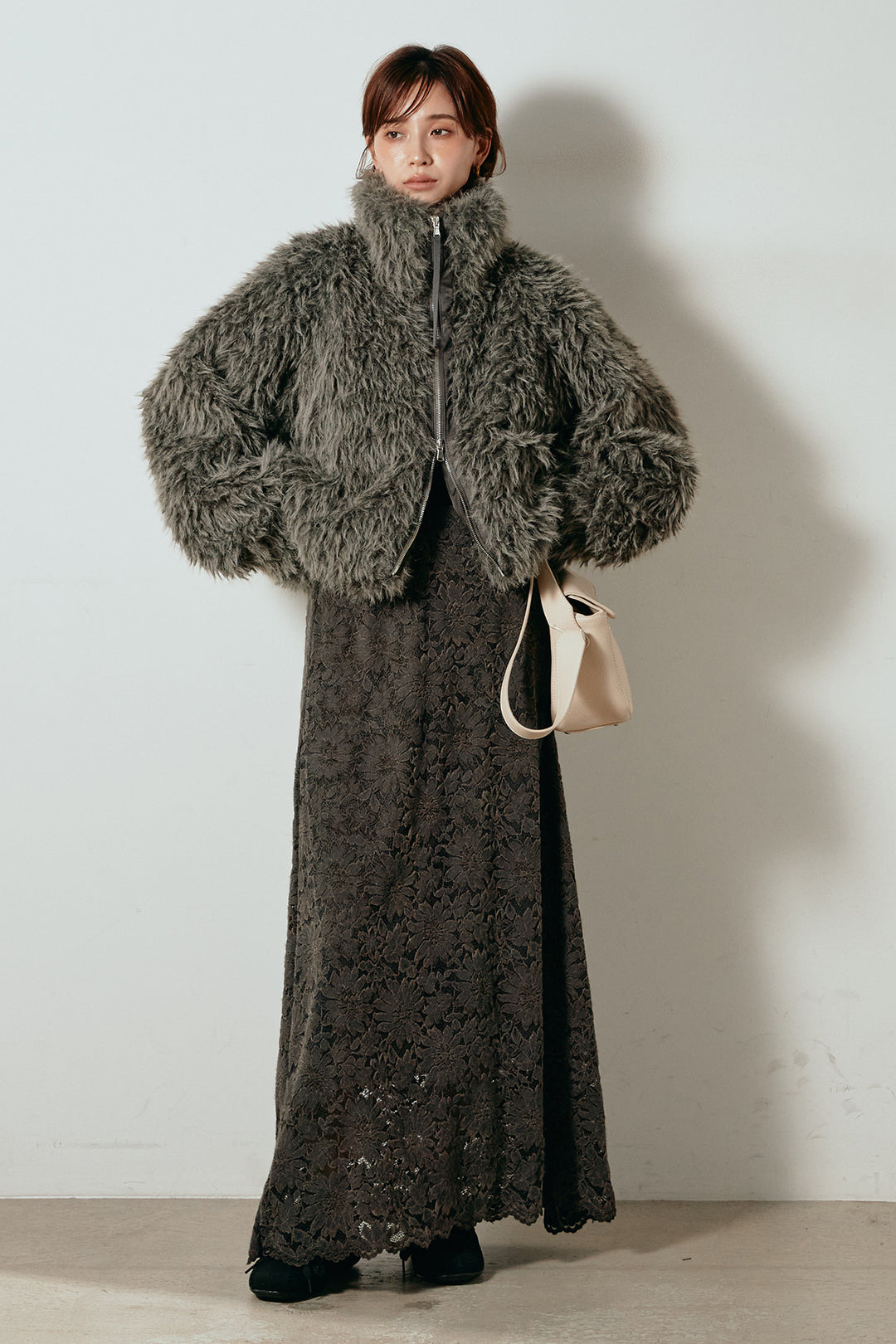 【着回しセット】[SET]ミックスシープファースタンドブルゾン+花柄刺繍ベロアフレアスカート+フェイクウールタックトラウザーズパンツ(3set)