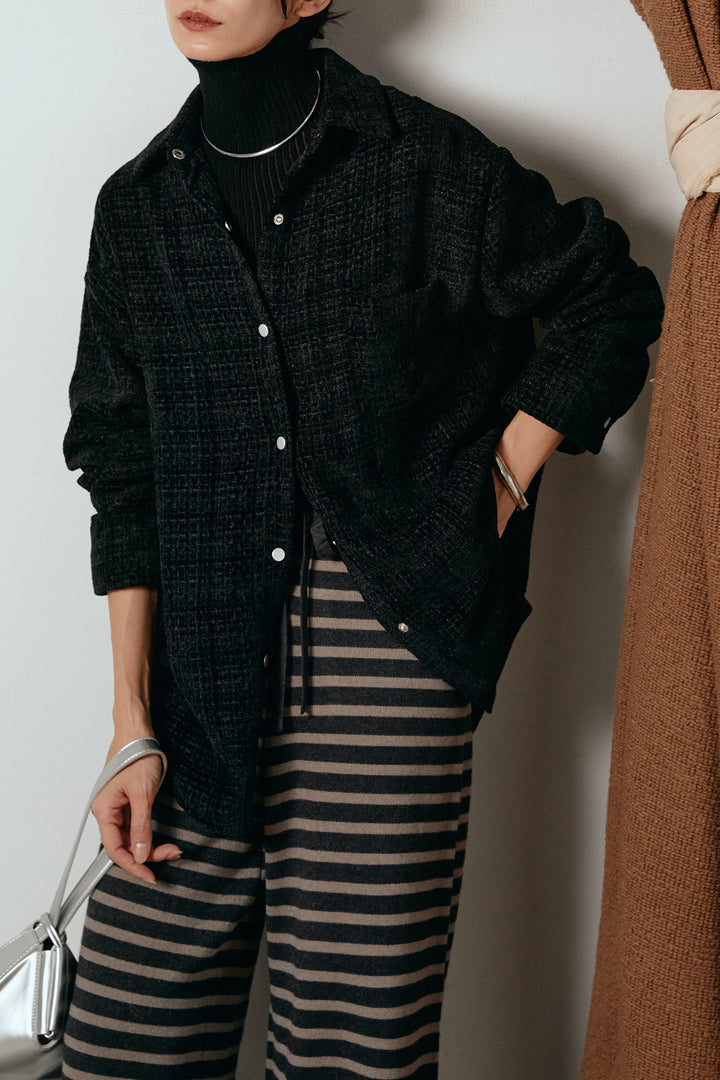 [SET]ルーズクラッシュツイルシャツ+リブニットシームレスタートルプルオーバー+ボーダーリラックスニットパンツ(3set)