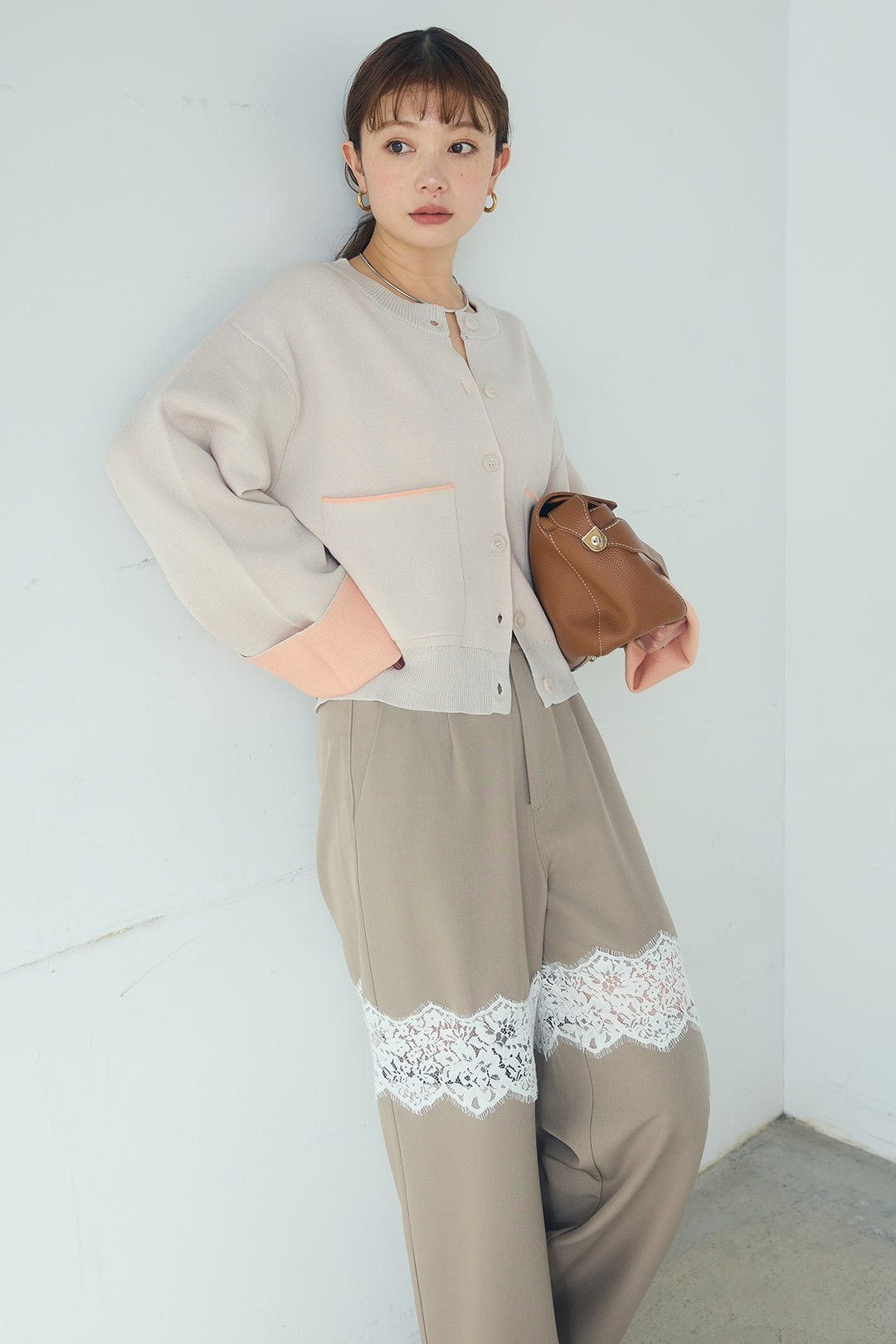 [SET]レーヨンポリダブルフェイスカーディガン+レース刺繍切替ワイドパンツ(2set)