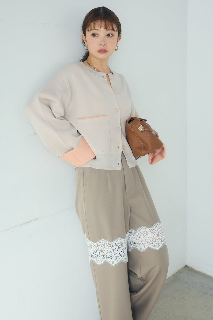 [SET]レーヨンポリダブルフェイスカーディガン+レース刺繍切替ワイドパンツ(2set)