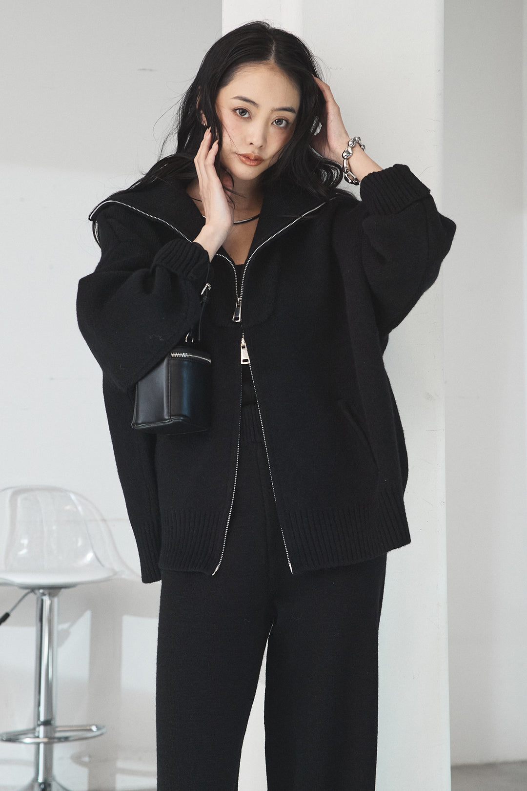 【着回しセット】[SET]ビッグカラーダブルジップニットSETUP+ストライプドッキングニットポロSETUP(2set)