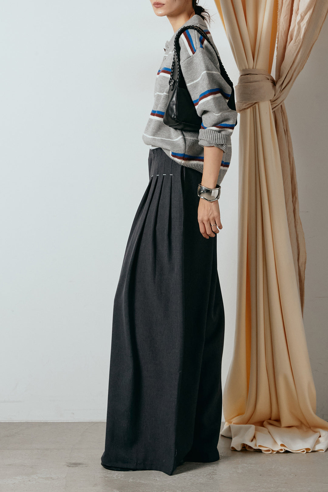 [SET]襟付きマルチボーダーニットポロトップス+ウエストステッチデザインワイドスラックス(2set)