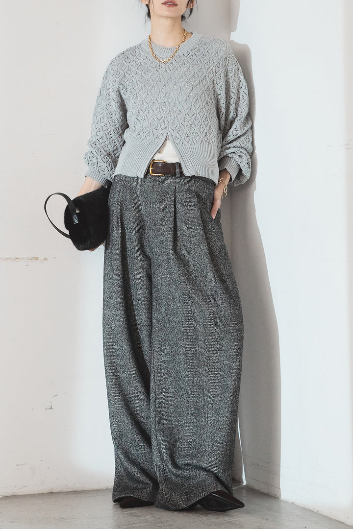 [SET]透かし編みニットジップスリットプルオーバー+タックツイードワイドパンツ(2set)