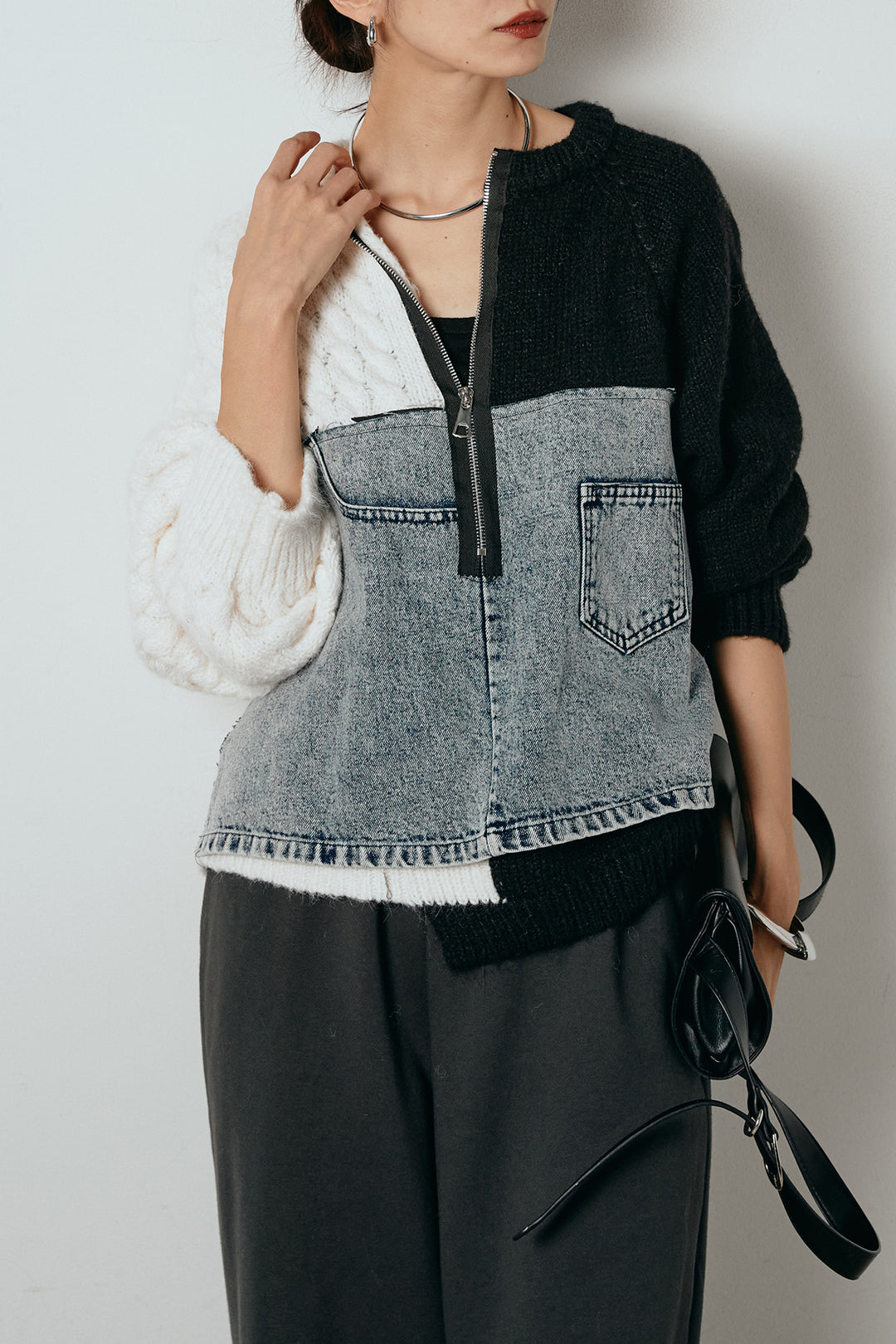 [SET]ハーフジップニットデニムドッキングトップス+裏起毛スウェットワイドパンツ(2set)