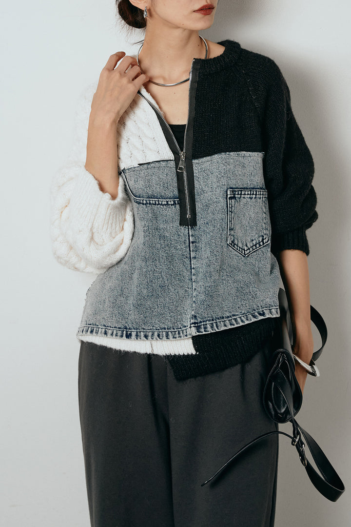 [SET]ハーフジップニットデニムドッキングトップス+裏起毛スウェットワイドパンツ(2set)