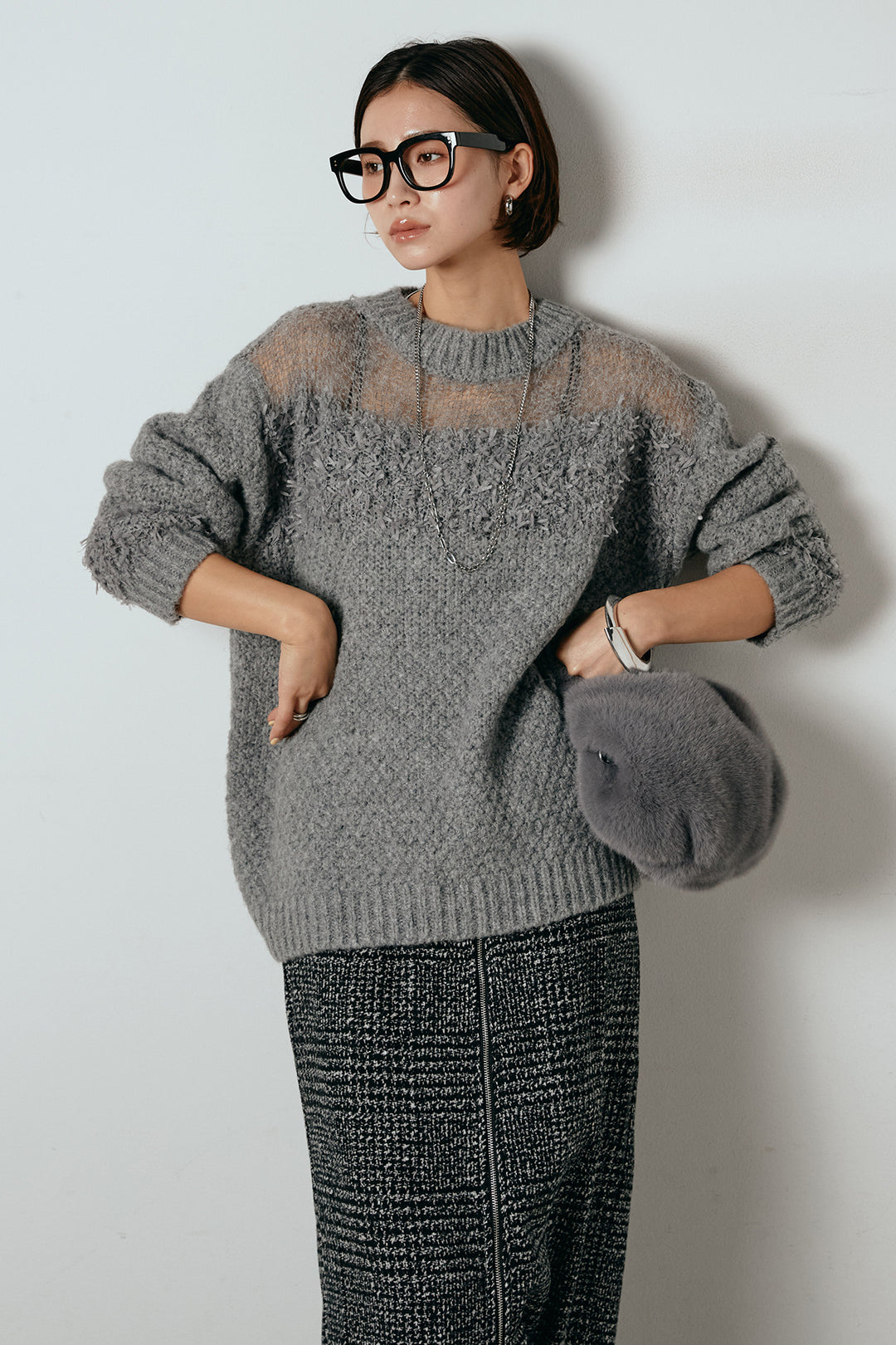 [SET]パターンランダム編みニットトップス+グレンチェック柄フロントジップタイトスカート(2set)