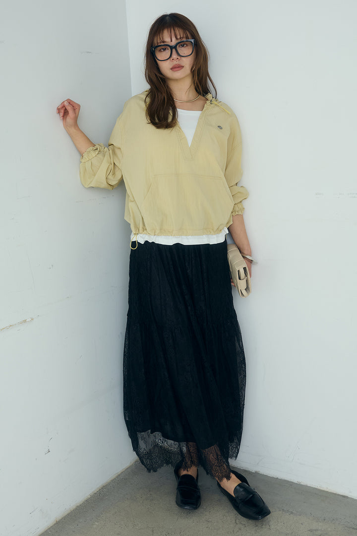 [SET]レイヤードデザインフーディートップス+ひげレース切替ロング丈スカート(2set)