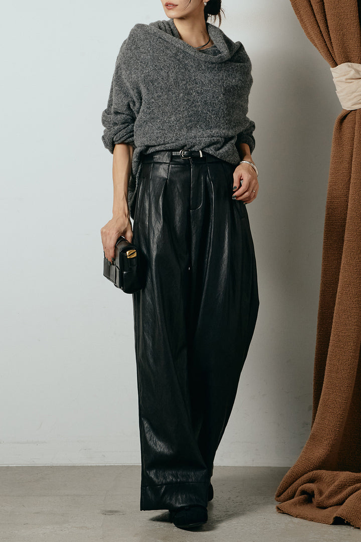 [SET]ネック巻きデザインニットトップス+ベルト付きレザーライクタックパンツ(2set)