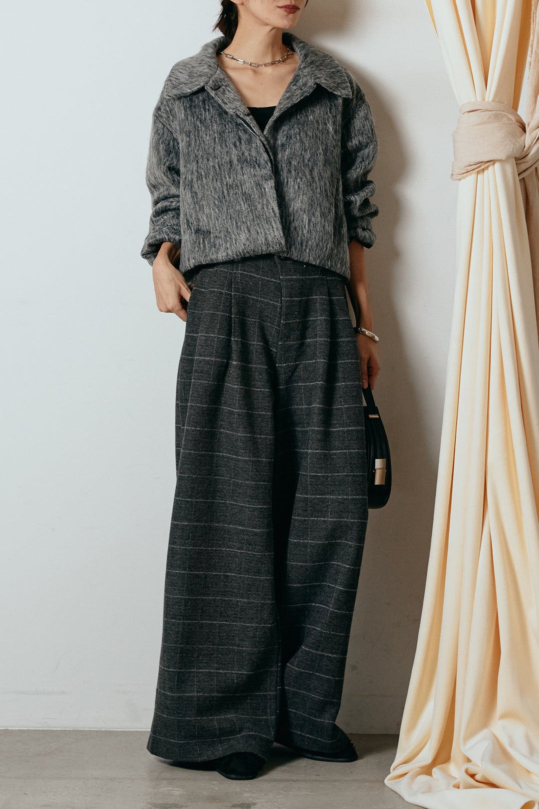 [SET]シャギーショートジャケット+スクエアチェック柄ワイドパンツ(2set)