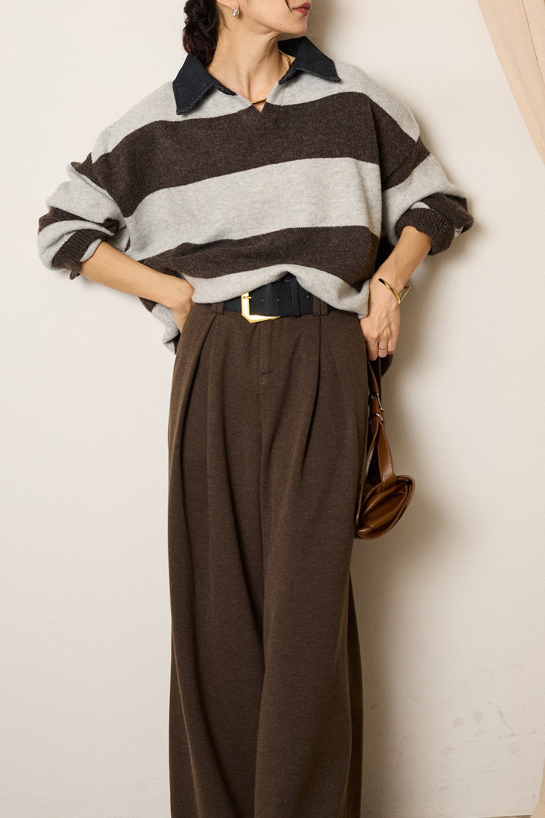 [SET]デニムカラーボーダールーズニット+ゴールドバックル太ベルト付きワイドパンツ(2set)