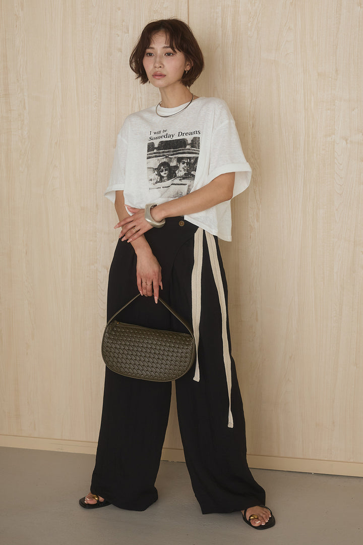 [SET]グラフィックサムデイワイドクロップドT+異素材ベルト付きラップ風ニュアンスワイドパンツ(2set)