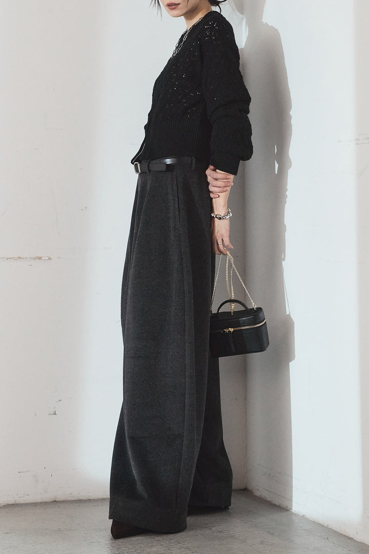 [SET]透かし編みニットジップスリットプルオーバー+ウールタッチカーブワイドパンツ(2set)