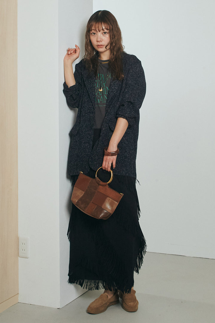 [SET]ミックスツイードベルト付きジャケット+斜めフリンジデザインスカート(2set)