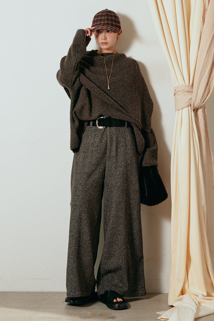 [SET]ケープデザインリブニットトップス+太ベルト付きツイードワイドパンツ(2set)