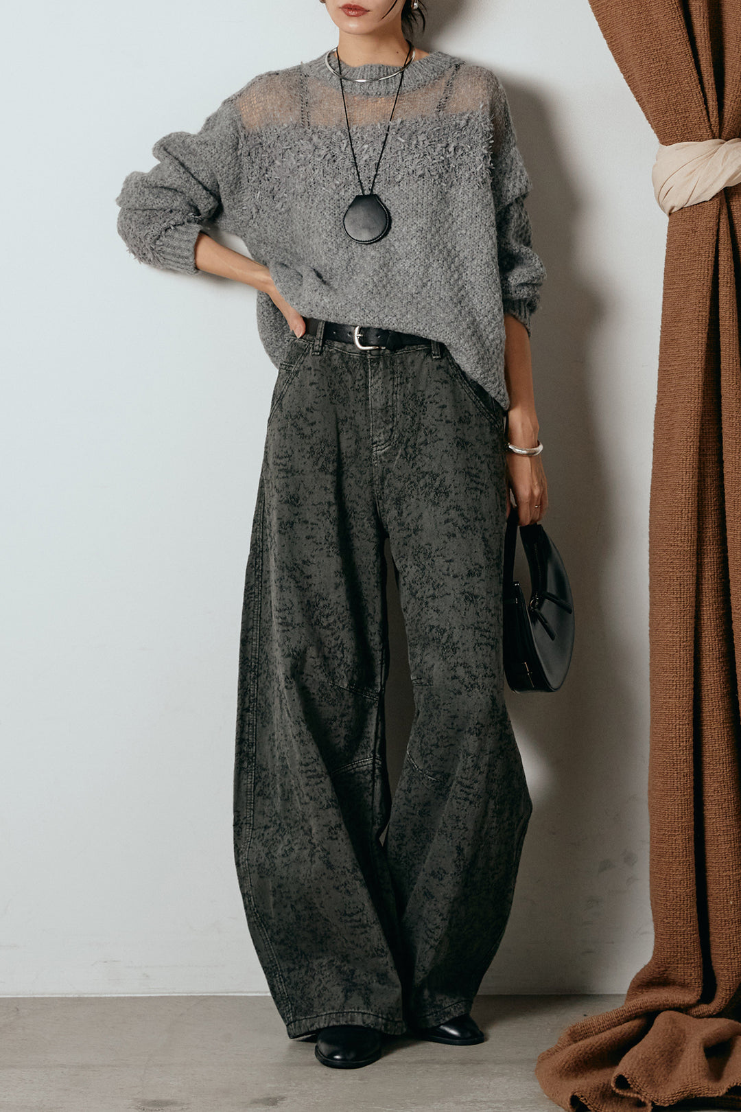 [SET]パターンランダム編みニットトップス+ベルト付きニュアンス柄カーブワイドパンツ(2set)