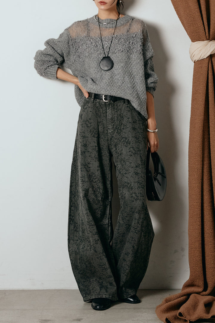 [SET]パターンランダム編みニットトップス+ベルト付きニュアンス柄カーブワイドパンツ(2set)