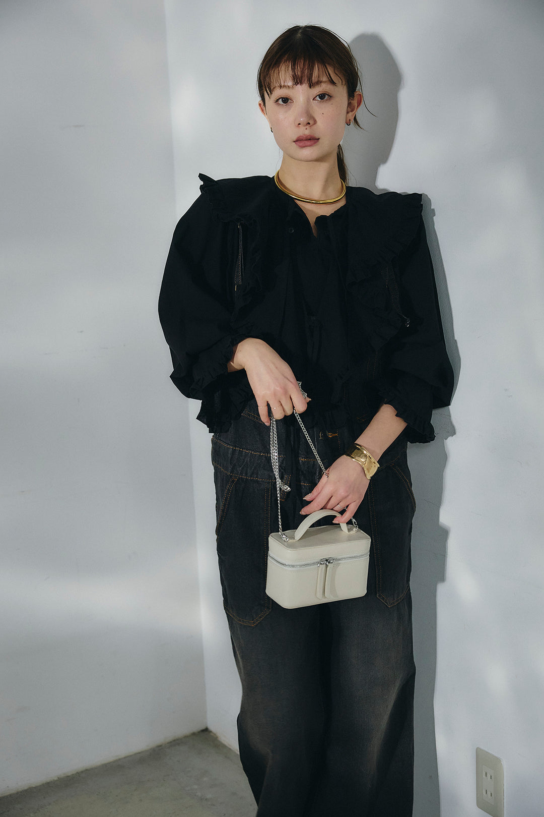 [SET]コットンフリルブラウス+デニムサロペットワイドパンツ(2set)