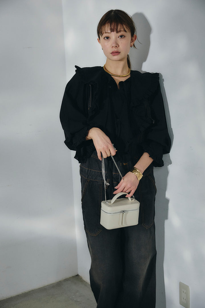 [SET]コットンフリルブラウス+デニムサロペットワイドパンツ(2set)