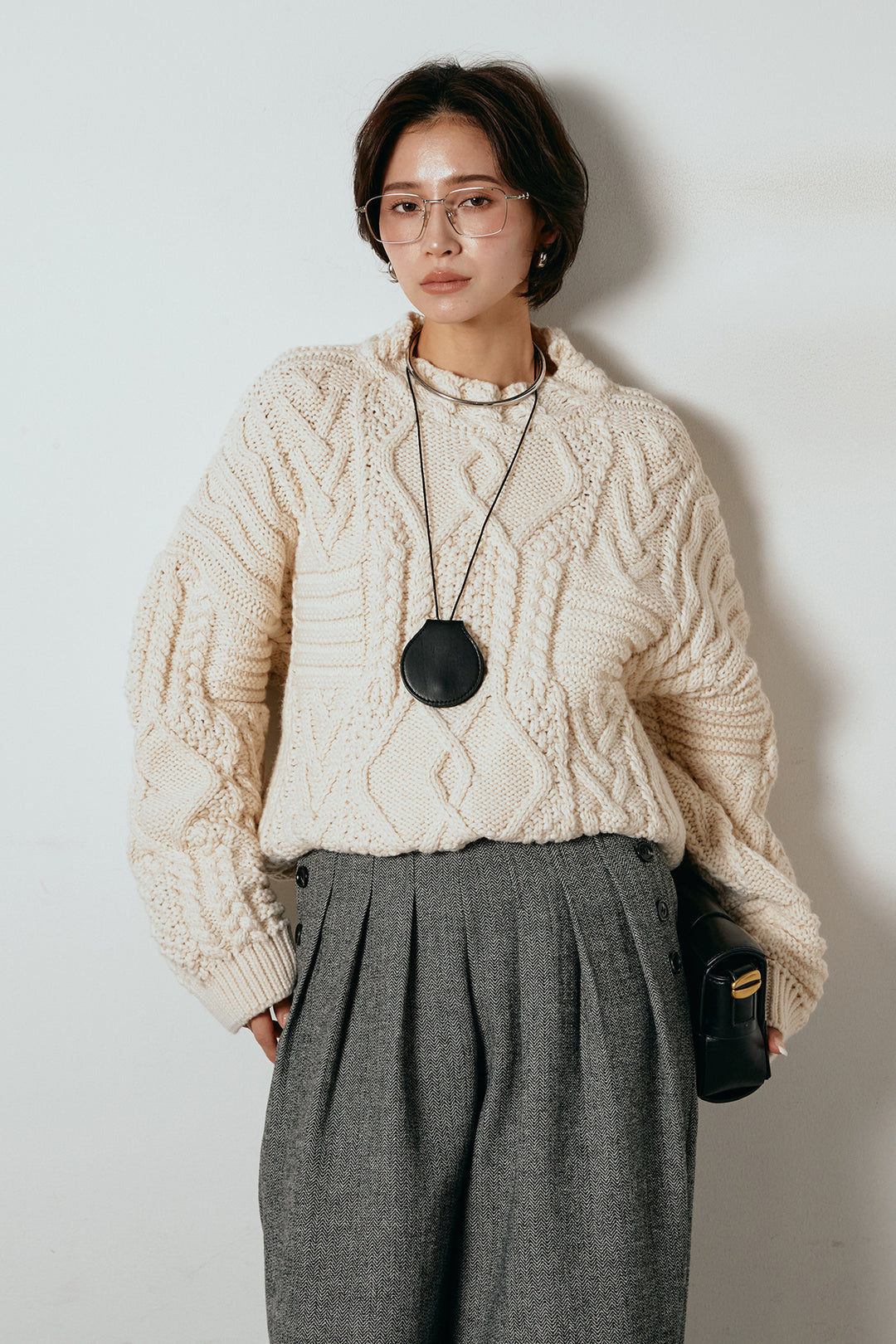 [SET]アラン柄ミックスケーブルニット+サイドボタンツイードタックパンツ(2set)