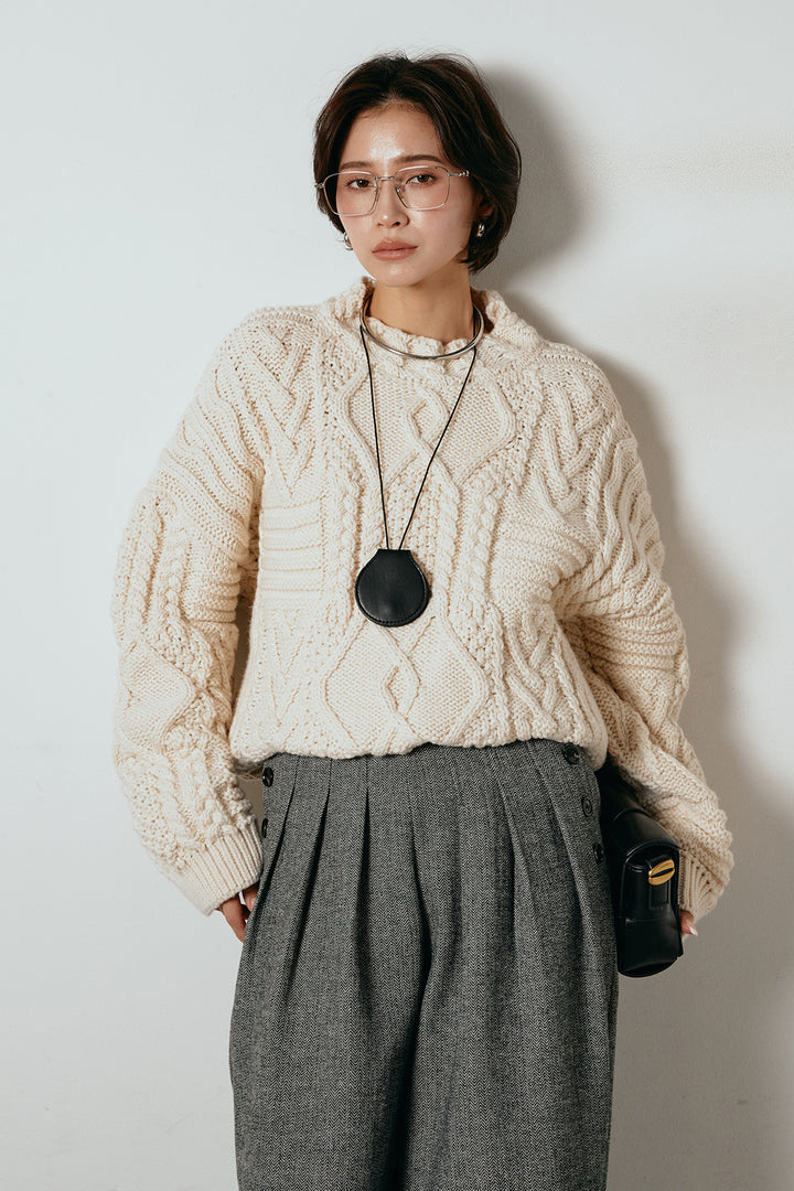 [SET]アラン柄ミックスケーブルニット+サイドボタンツイードタックパンツ(2set)