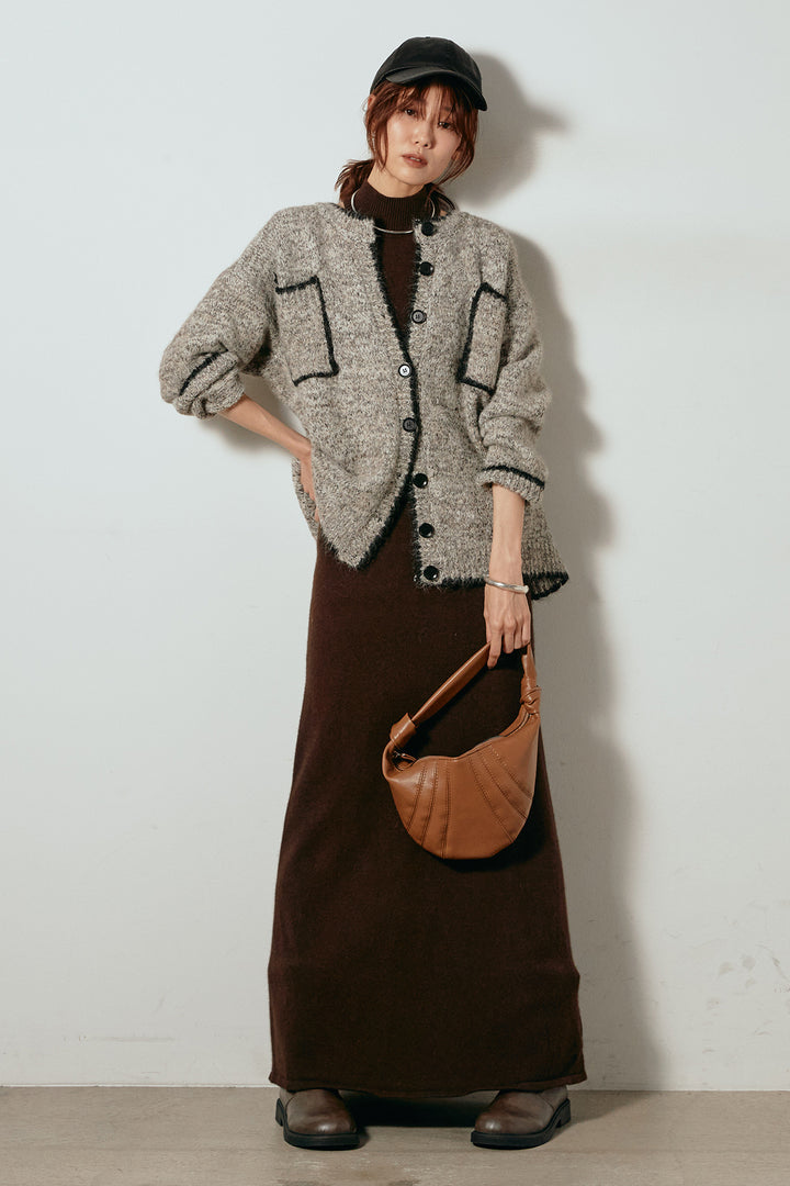 [SET]ミックスニットポケットカーディガン+ノースリーブニットロングワンピース(2set)